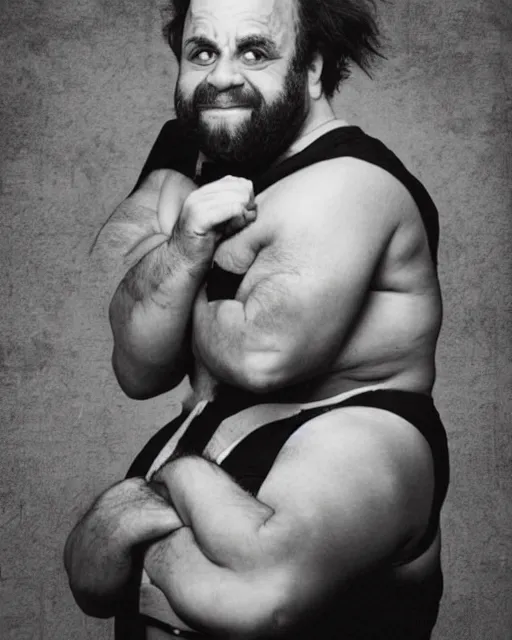 Prompt: portrait of danny devito as a wrestler. photographic, photography