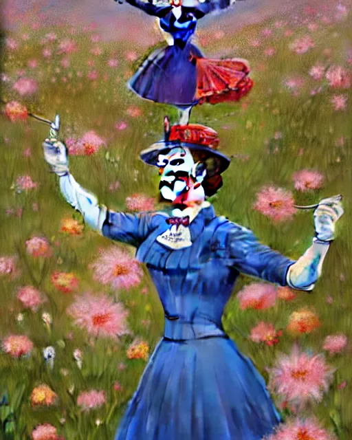 Image similar to Julie Andrews Mary Poppins from Disney 1964 dancing in a field full of flowers, wide-angle shot, D&D, fantasy, intricate, elegant, highly detailed, digital painting, artstation, concept art, matte, sharp focus, illustration, hearthstone, art by Artgerm and Greg Rutkowski and Alphonse Mucha