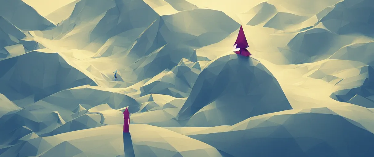 Image similar to 3 d render, digital art, low poly art, minimalist, journey thatgamecompany, lowpoly landscape, intricate detail, whimsical, unreal engine, dreamy, brush strokes, bounce light, sunny, complementary palette, redsinski