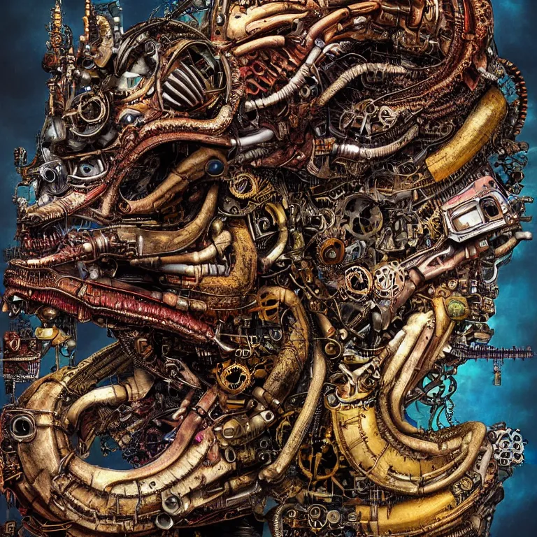 Image similar to profile portrait of a dragon, computer parts, mechanical parts, by giuseppe arcimboldo, steampunk, cyberpunk, futuristic, psychedelic, surreal, sci - fi, vaporwave, alien, dreamlike.