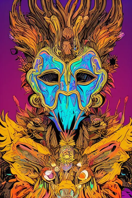 Image similar to animal mask totem roots flower tribal feather gemstone plant wood rock shaman vodoo video game vector cutout illustration vivid multicolor borderlands comics by josan gonzales and dan mumford radiating a glowing aura