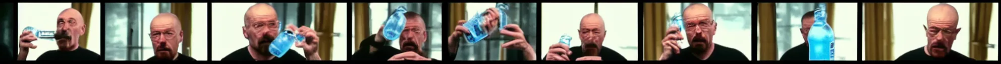 Image similar to 8 consistent frames from a video showing walter white drinking from a water bottle