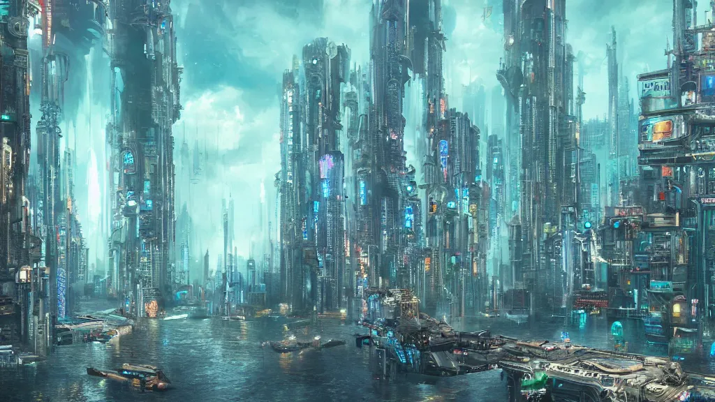 Image similar to epic grandiose cyberpunk city built underwater, fantasy, futuristic,, hyperrealistic, highly detailed, 4 k hd