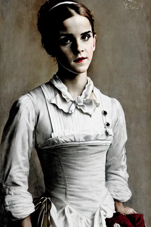 Prompt: photo photorealistic portrait photograph Emma Watson as maid portrait by Norman Rockwell