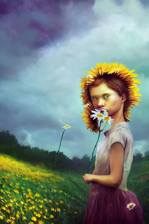 Prompt: closeup, girl with giant daisy flower head, between monsteras, surreal photography, wind and cold, dramatic sky, impressionist painting, digital painting, artstation, simon stalenhag