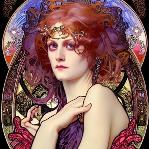 Prompt: realistic detailed face portrait of Zandra Rhodes by Alphonse Mucha, Ayami Kojima, Amano, Charlie Bowater, Karol Bak, Greg Hildebrandt, Jean Delville, and Mark Brooks, Art Nouveau, Neo-Gothic, gothic, rich deep moody colors