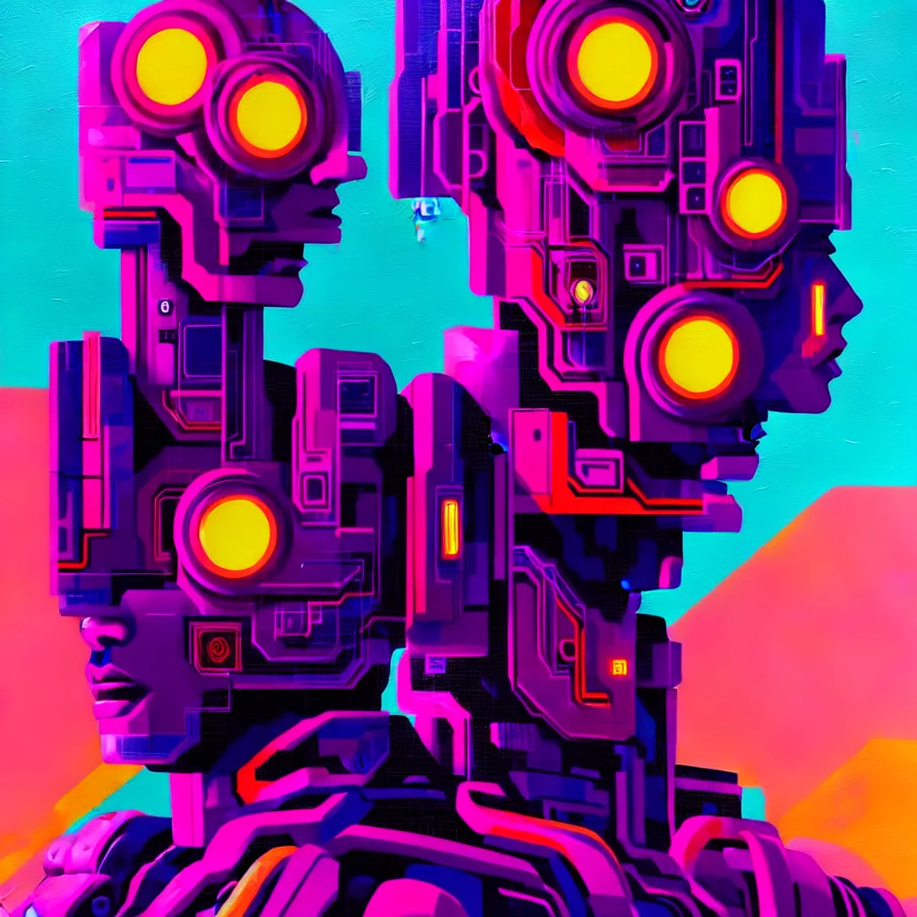 Image similar to a graph - style gouache impasto huge robot head in front of her, cyberpunk art by by james gilleard, cgsociety, retrofuturism, synthwave, retrowave, outrun