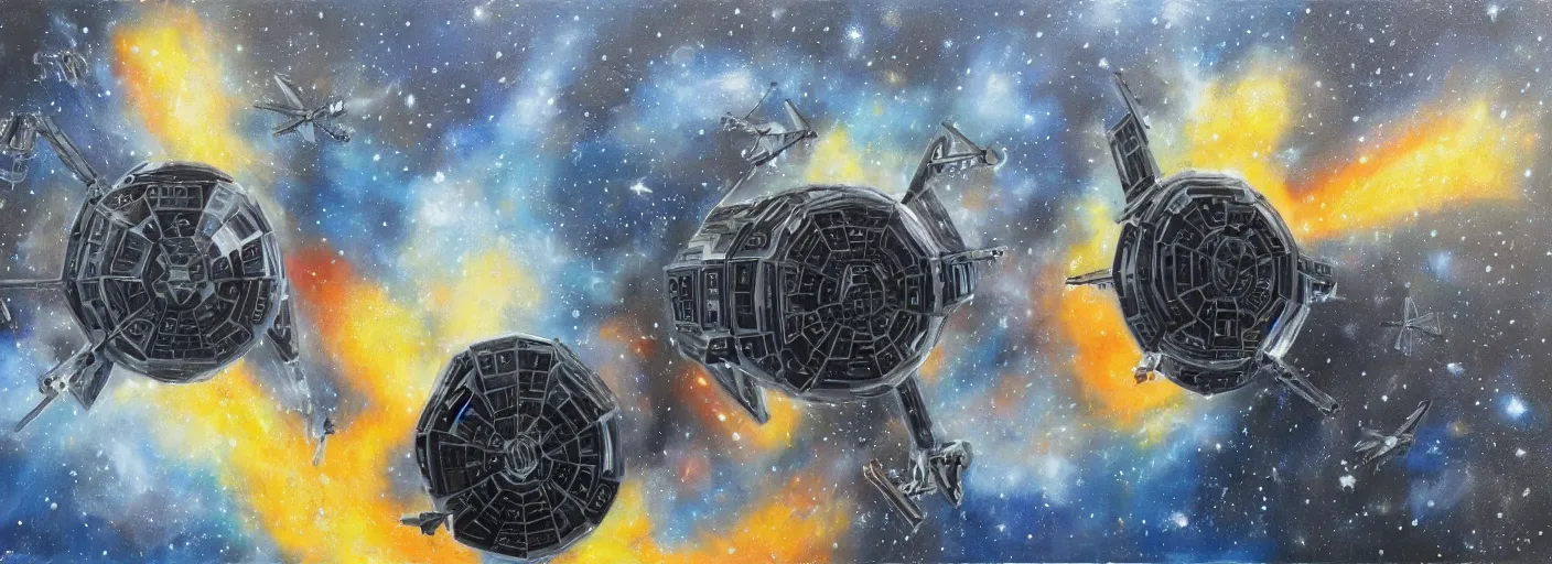 Prompt: thomas the tank engine tie fighter, space, sci fi painting