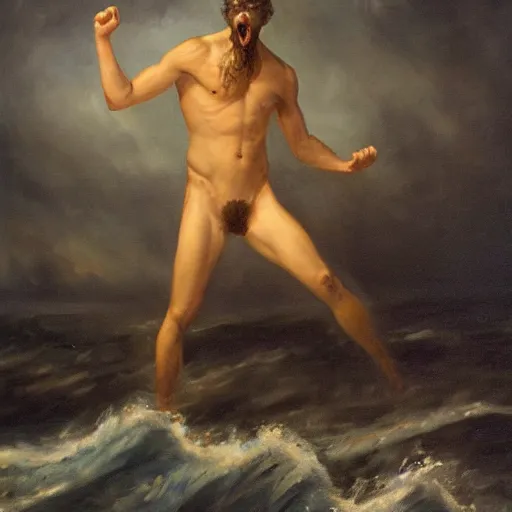 Image similar to portrait of proud and screaming Poseidon rising from the ocean, ready to fight with trident, oil painting, dark colors, sinister atmosphere