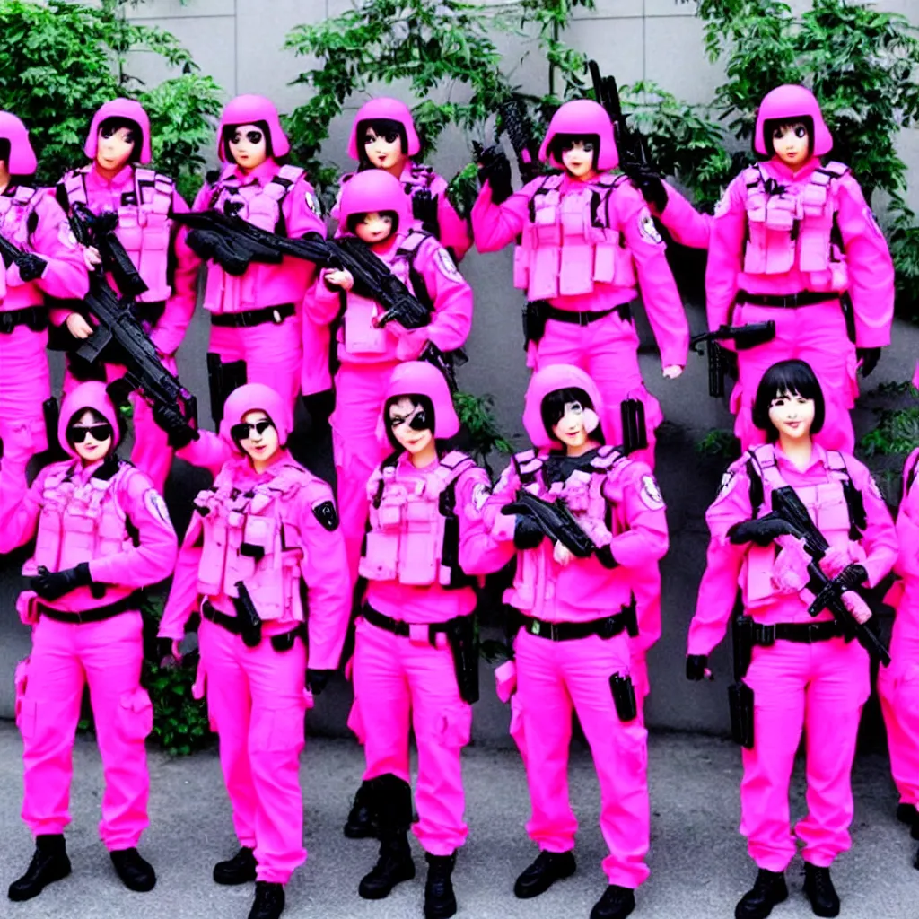 Image similar to kawaii swat team, colorful fuschia