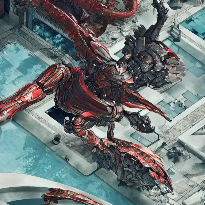 Image similar to a scene from akira, fractal cyborg ninja sitting by the pool, highly detailed, photorealistic, octane render, 8 k, unreal engine, art by todd mcfarlane, artgerm, greg rutkowski, alphonse mucha