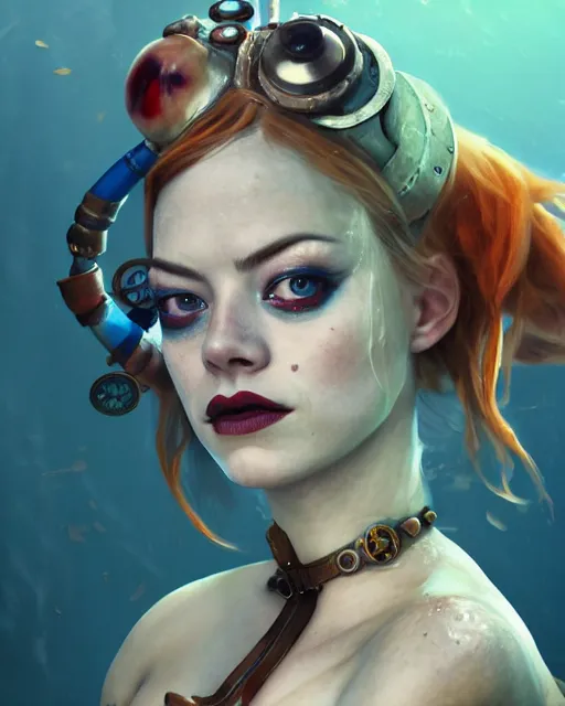 Image similar to underwater steampunk portrait of emma stone as harley quinn, au naturel, hyper detailed, digital art, trending in artstation, cinematic lighting, studio quality, smooth render, unreal engine 5 rendered, octane rendered, art style by klimt and nixeu and ian sprigger and wlop and krenz cushart.