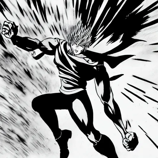 Image similar to dramatic action lines drawing of saitama charging up a punch, black rain and guts are raining down the sky