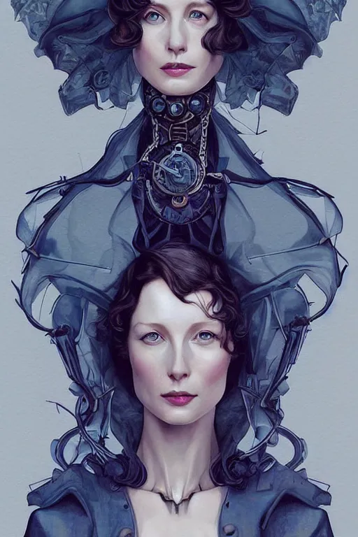 Image similar to in the style of joshua middleton, artgerm, beautiful caitriona balfe, steampunk, full body, blue dress, elegant pose, middle shot, spooky, symmetrical face, symmetrical eyes, detailed realisitc eyes, detailed realistic eyes, detailed and intricate