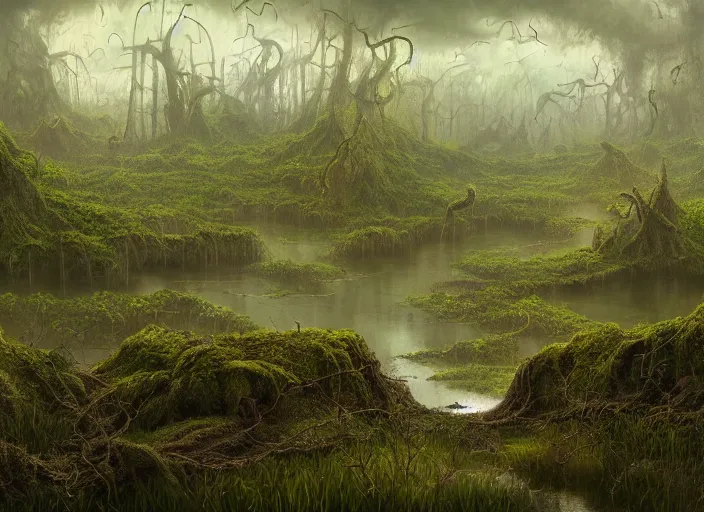 Image similar to matte painting of a huge swamp, overgrown with lush vines, immaculate scale, john howe, digital art, cgsociety, fantasy art, matte painting, lovecraftian horror, fantasy