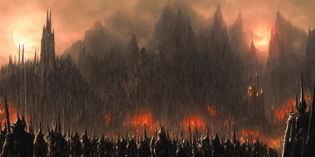 Prompt: Sauron in the foreground with his troops in the background in the evening, detailed matte painting, cinematic, Alan Lee, Artstation