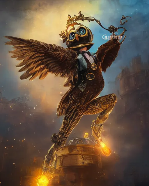 Prompt: oil painting of Anthropomorphized Steampunk Owl shooting steampunk gun, sharp focus, exploding golden steampunk city background, full body, heroic pose, fantasy style, octane render, volumetric lighting, 8k high definition, by greg rutkowski, highly detailed, trending on art Station, magic the gathering artwork, centered, dramatic artwork