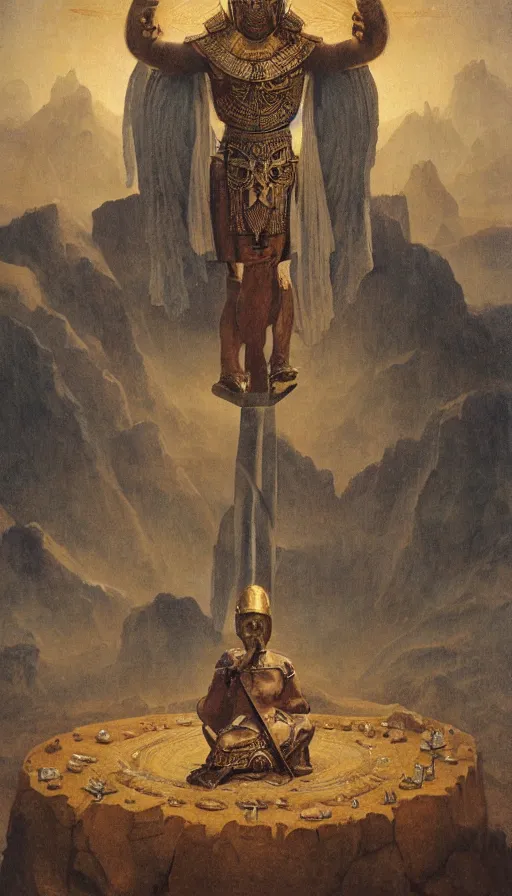 Image similar to the emperor with the head of a ram wearing full body armor, at the top of a barren mountain, golden taurus, mars energy, ankh, wisdom, full body shot, sitting on a stone throne, agostino arrivabene