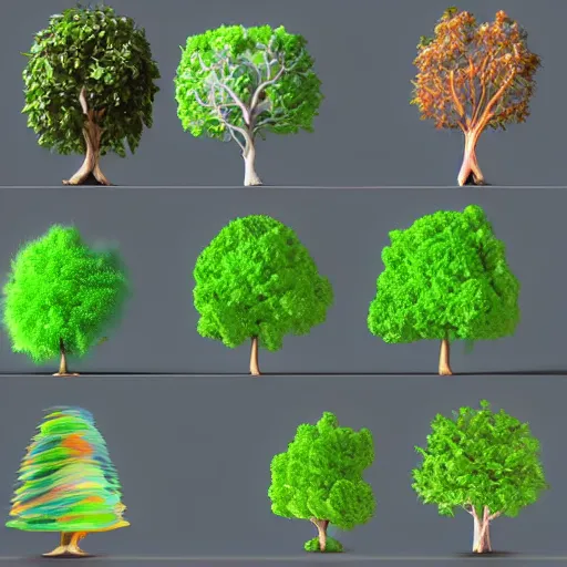 Image similar to collection of 3 d cartoon trees, different sizes, different colours, different heights, river, island terrain, blue sky