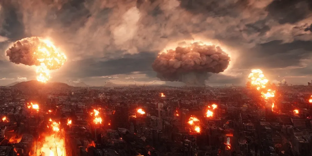 Prompt: a highly detailed atomic bomb cloud detonated above the city, 8 k, chaotic atmopshere, unreal engine, cinematic, glowing, very detailed, award - winning cinematography