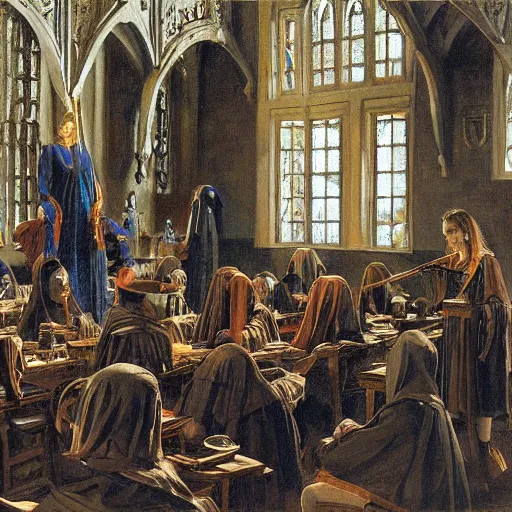 Image similar to witchcraft seminar at a university, by donato giancola and berthold woltze.