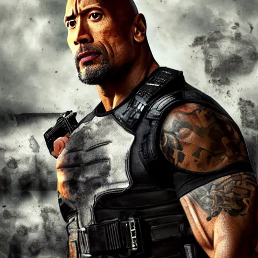 Image similar to Dwayne Johnson in the punisher digital art 4k detailed super realistic