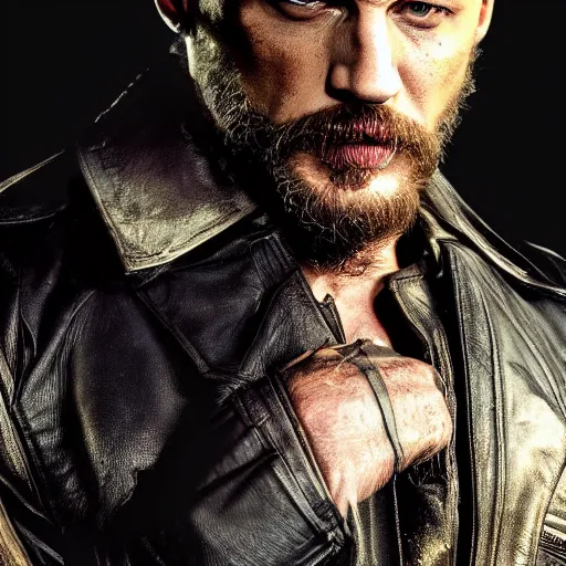 Image similar to Tom Hardy as wolverine in Black Damaged leather suit Digital art 4K quality