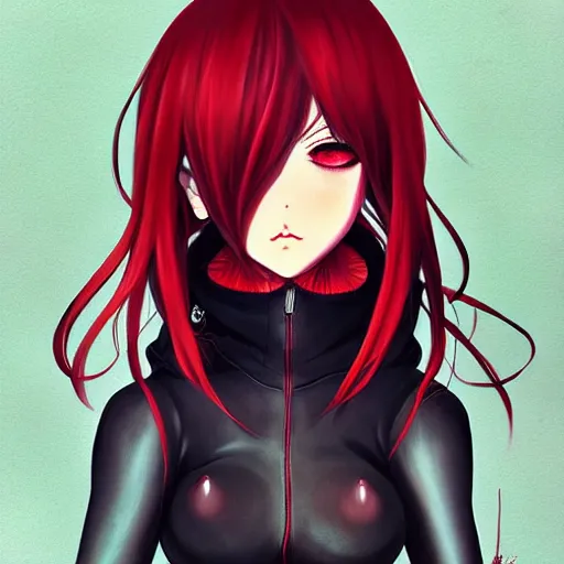 Image similar to beautiful seductive female dullahan, in the rain, highly detailed, painting, dark red and black color palette, intricate, high quality anime artstyle, in the style of ilya kuvshinov