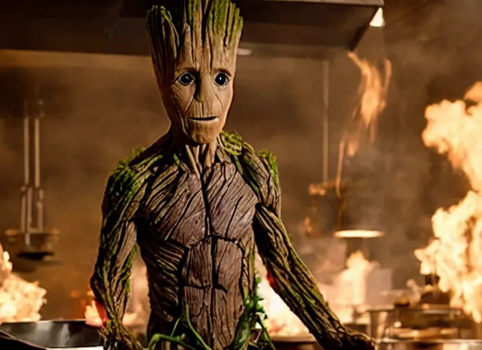 Image similar to film still of Groot working as a chef in the new Avengers movie, 4k