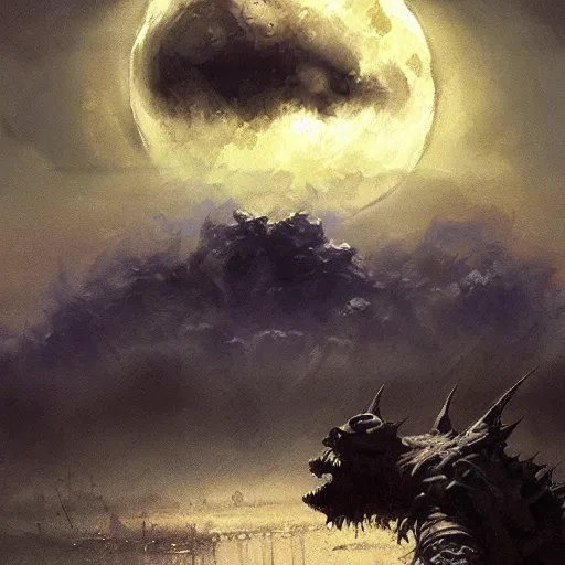 Prompt: a monster in the sky, horryfying, dark night, blue clouds illuminated by the moon, monster illuminated by the moon, eerie by craig mullins