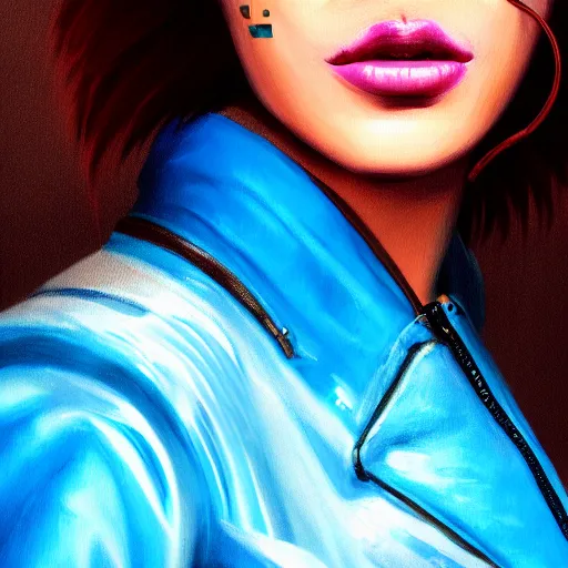 Image similar to closeup painting of a very beautiful young mexican cyberpunk woman with a smirk, wearing light blue shutter shades and a dark brown leather jacket, one side haircut, brown hair, portrait, hyperdetailed, artstation, cgsociety, 8 k, synthwave by tangerine dream