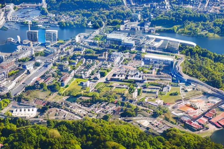 Image similar to bird's eye view photography of a small city. town hall, central farm, monorail station, beach and shipping dock. hills, woods and lake to the north.