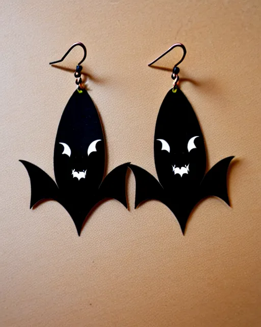 Image similar to spooky cartoon bat, 2 d lasercut earrings,