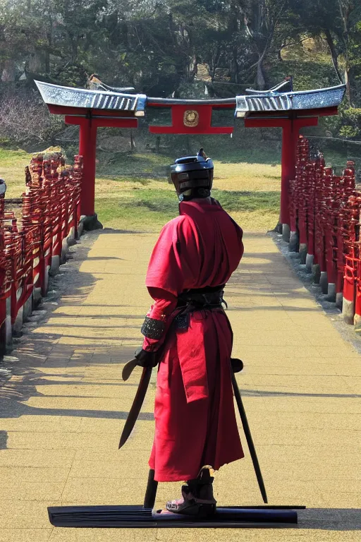 Image similar to a godlike and indomitable helmeted samurai wielding their Odachi before a large Torii gate, the very very very bright rising sun in the background. Photo realistic. Award winning