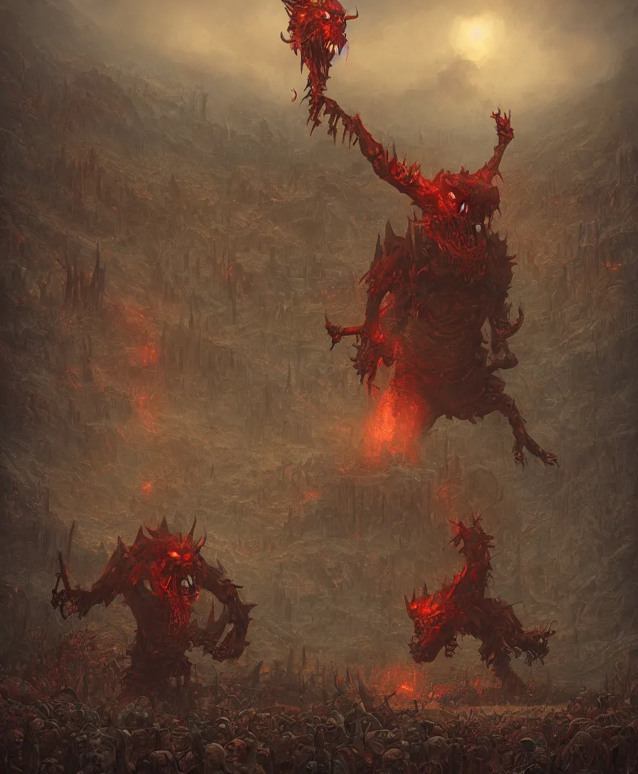 Image similar to giant hangry devil with arms open in tribunal in judgement day, illustrated by Simon Stålenhag and Gaston Bussiere, intricate, ultra detailed, photorealistic, trending on artstation