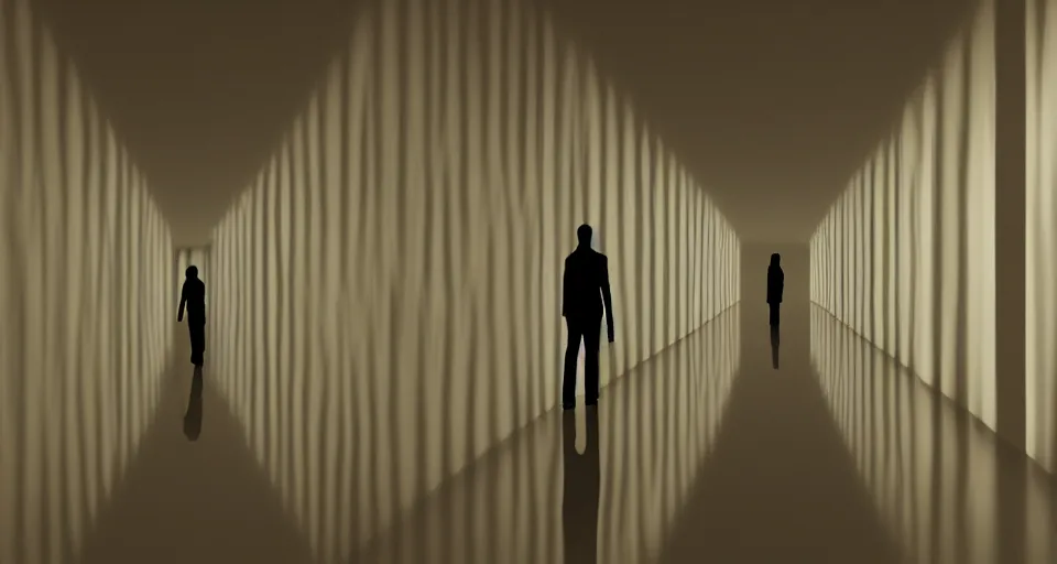 Image similar to silhouette of a man standing in the center of an infinitely long dark narrow hallway, digital art trending on artstation, minimalist, dark blue color palette