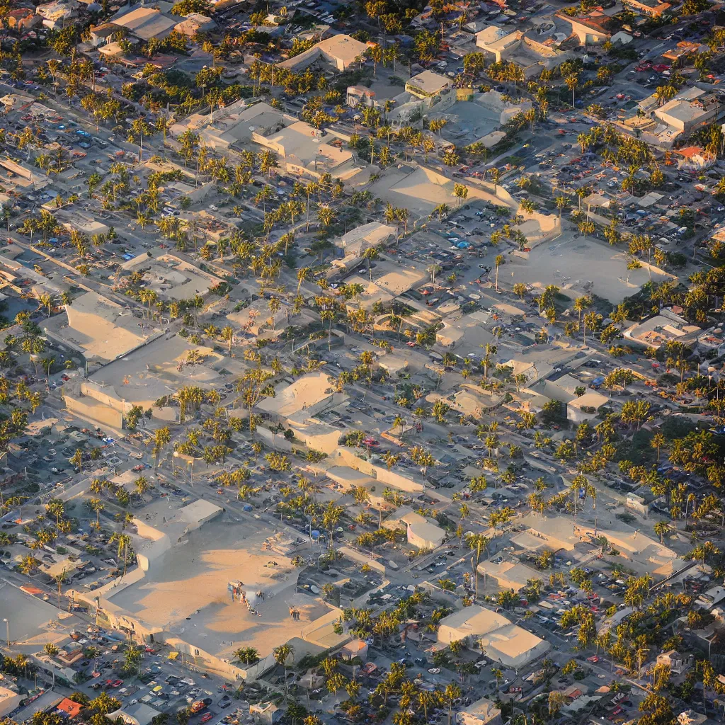 Prompt: “A ariel view photo of the venice beach skate park at sunset, national geographic photo, majestic”