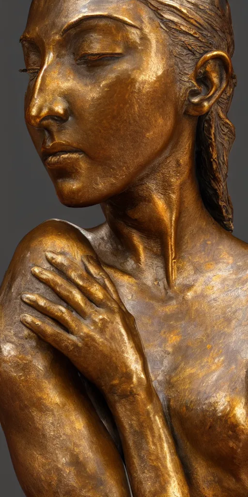 Prompt: detailed photo of an old bronze patina statue of most beautiful woman, full body portrait, various bending poses, photorealism, intricate detail, museum diffuse lighting