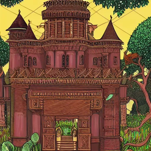 Image similar to intricate illustration, african style castle, ghibli colorful, cinematic composition