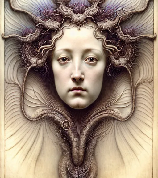 Prompt: beautiful young orchid queen detailed realistic porcelain face portrait by jean delville, gustave dore, iris van herpen and marco mazzoni, art forms of nature by ernst haeckel, art nouveau, symbolist, visionary, gothic, neo - gothic, pre - raphaelite, fractal lace, intricate alien botanical biodiversity, surreality, hyperdetailed ultrasharp octane render