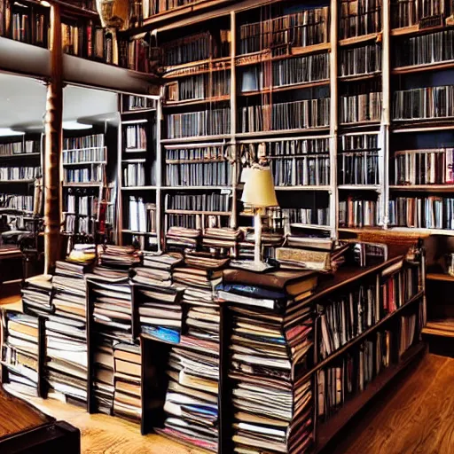 “Dark dingy wet library with stacks of books in piles Stable