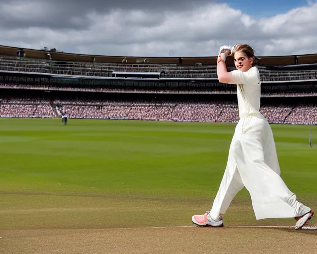 Image similar to emma watson opens the batting for england at lord's cricket ground, sports photography, bokeh, dramatic, filmic