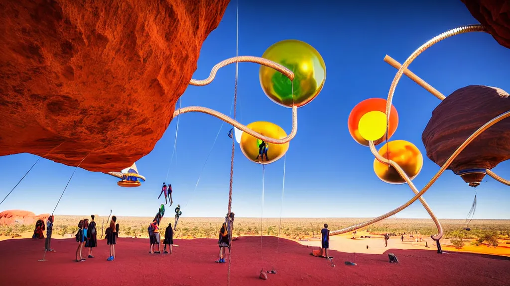 Prompt: large colorful futuristic space age metallic steampunk balloons with pipework and electrical wiring around the outside, and people on rope swings underneath, flying high over the beautiful uluru in central australia city landscape, professional photography, 8 0 mm telephoto lens, realistic, detailed, photorealistic, photojournalism