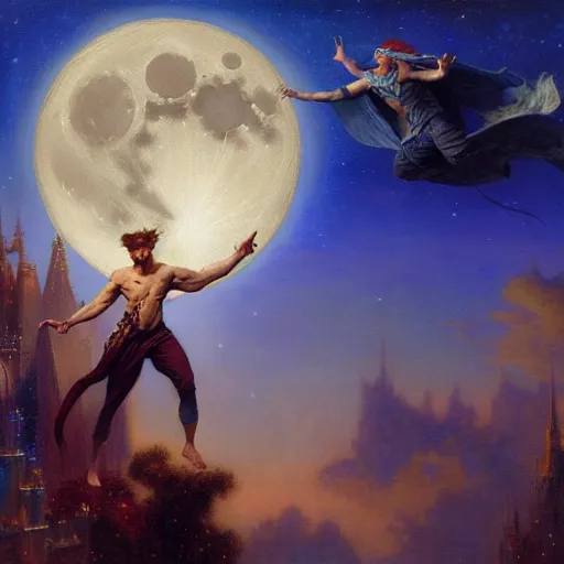 Image similar to attractive male wizard magically floating and flying high in the night sky, fantasy, full moon in background. highly detailed painting by gaston bussiere, craig mullins, j. c. leyendecker, mid shot, 8 k