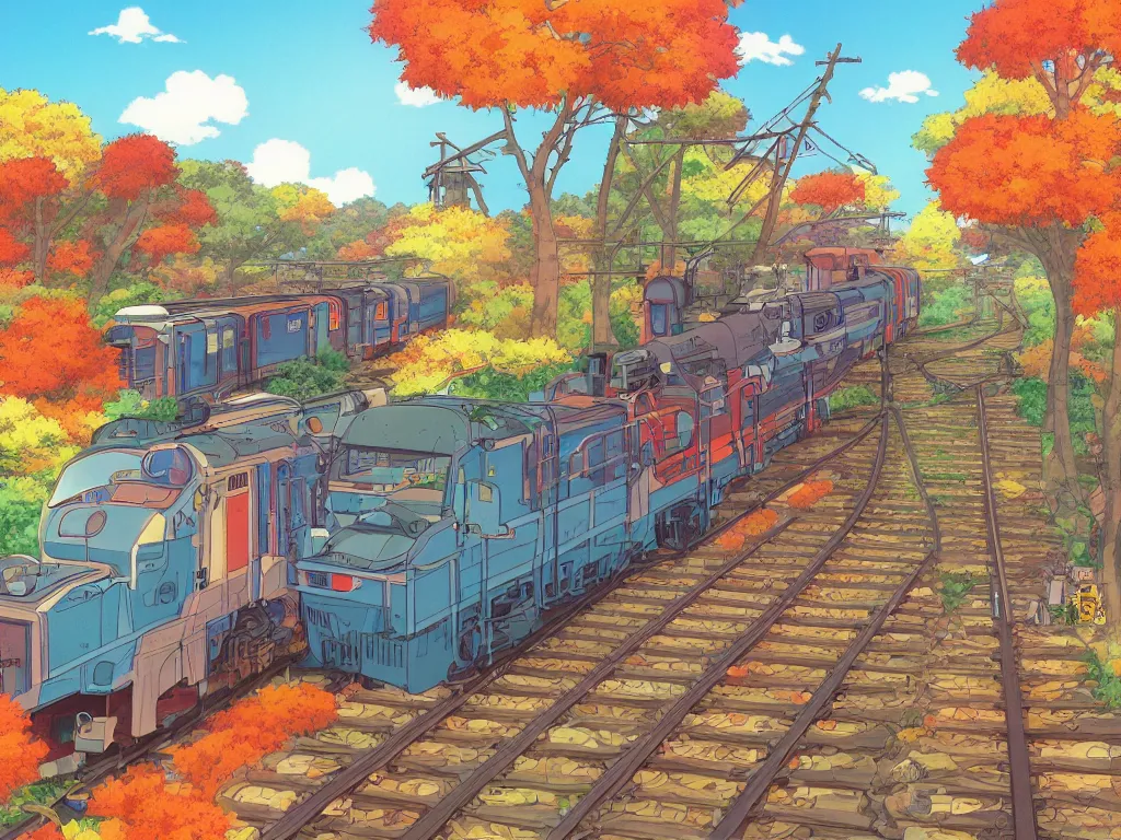 Prompt: longitudinal cut sideview of a anime train, autumn light, colorful, beautiful, by studio ghibli, by hayao miyazaki, digital art, concept art, manga, cute and adorable, illustration