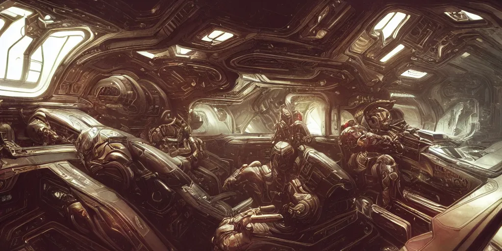 Image similar to ultra realistic illustration,, luxury spaceship interior from doom and warhammer 4 0 k, intricate, elegant, highly detailed, digital painting, artstation, concept art, smooth, sharp focus, illustration, art by artgerm and greg rutkowski and alphonse mucha