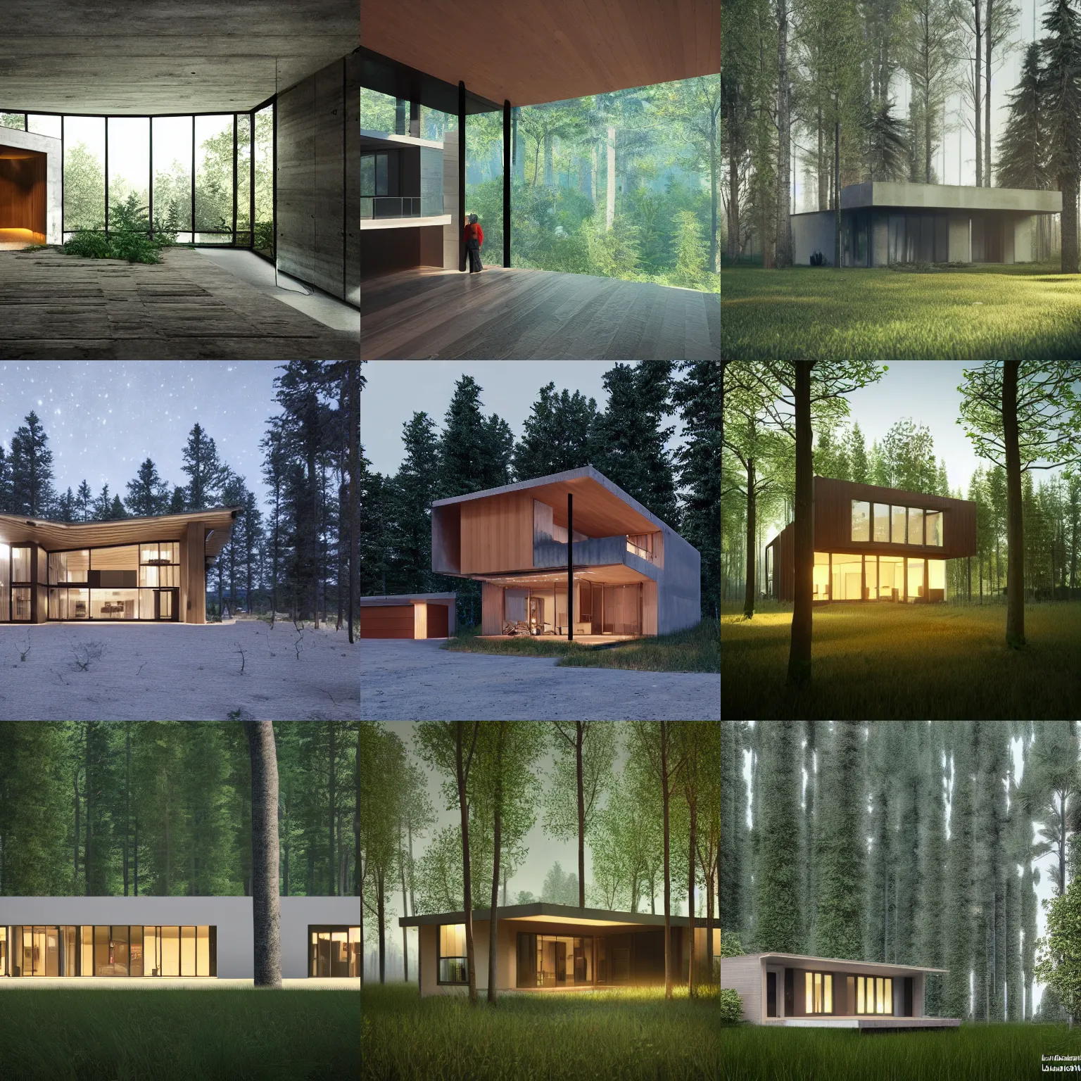 Image similar to a house in the middle of the forest, lights inside, contemporary architecture, architecture render, unreal engine, detailed