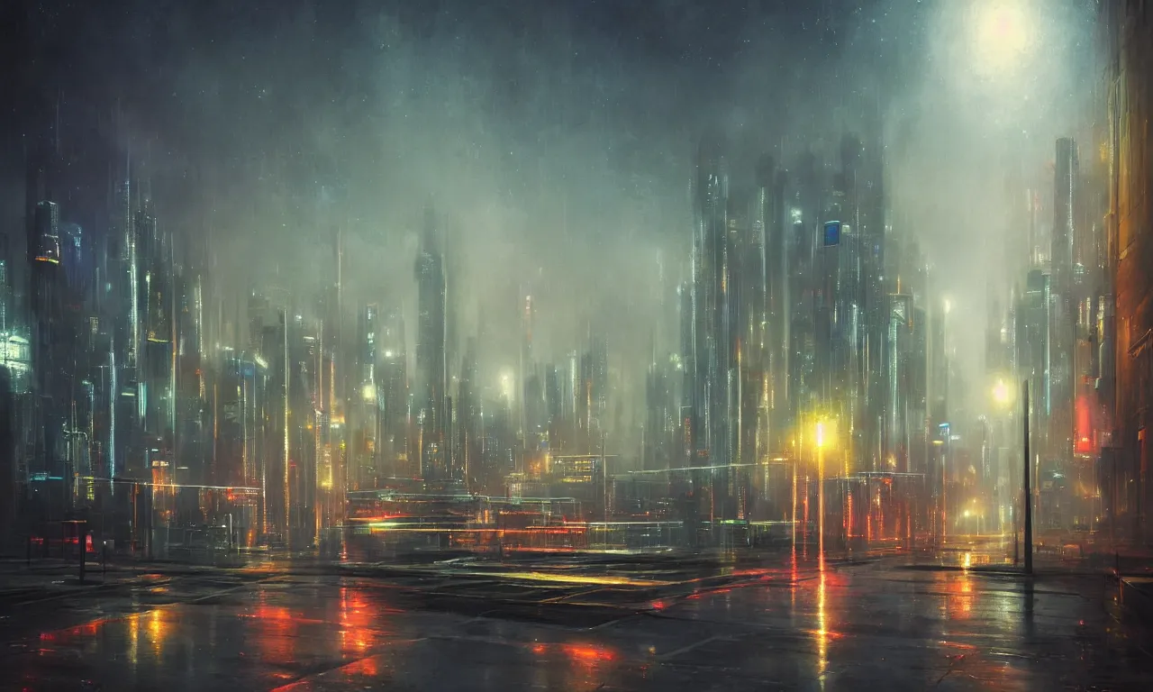 Prompt: colorful photograph of a futuristic city, science fiction, night lights, beautifully lit buildings, mystic hues, distant, sharp focus, volumetric lights, digital art, RTX, hyperrealistic, cinematic, by lee madgwick