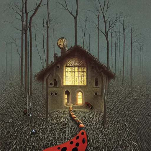 Image similar to ladybug house, illustration, zdzisław beksinski, dark cinematic atmosphere, nightmare