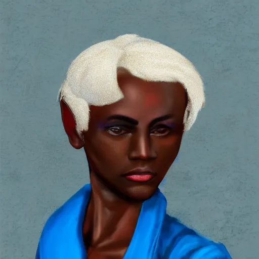 Image similar to digital painting of a satyr woman with horns, dark skin tone, short white hair, wearing blue clothes and a blue robe